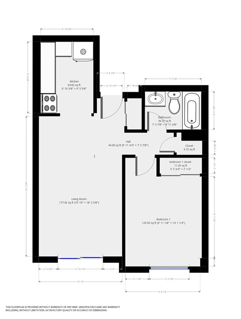 Floor plan for 1 bed, 1 bath, 535 sqft
